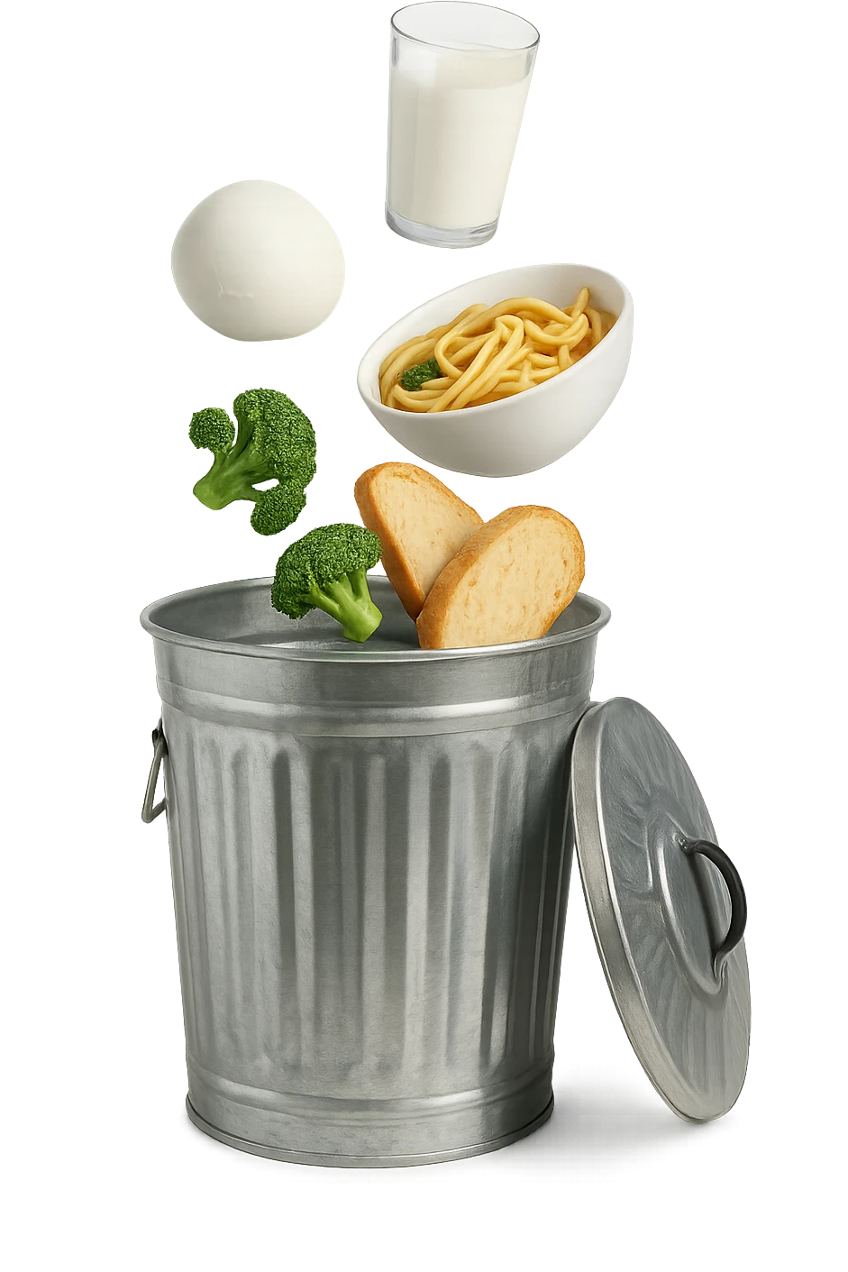 SECCHIO DELLA SPAZZATURA DENTRO CUI CADE UNA MOZZARELLA, UN BICCHIERE DI LATTE, UNA BOWL DI PASTA, QUALCHE BROCCOLO, QUALCHE FETTINA DI PANE emoji
