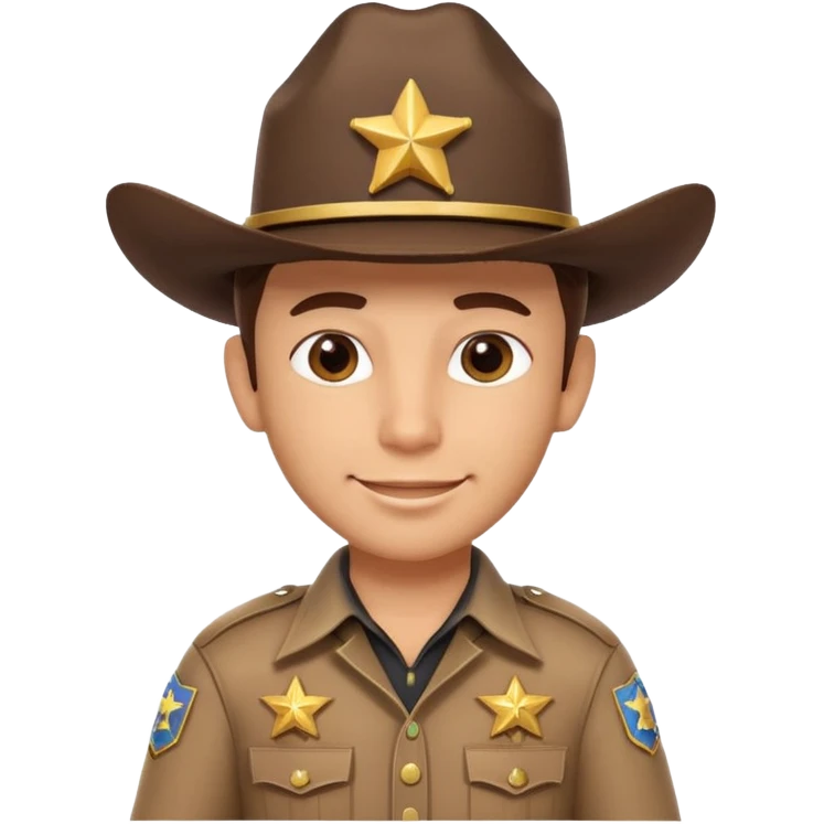 cute sheriff cowboy portrait, head and shoulders only, cowboy hat, sheriff badge on chest, confident smile, western uniform collar, 3D cartoon, mobile game icon style, clean background, no text, no watermark
 emoji