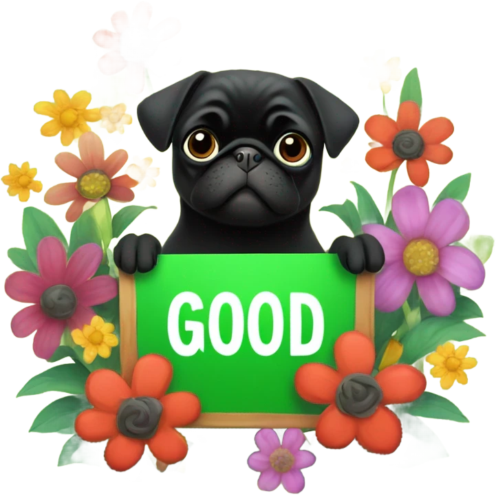 Black pug , surrounded by flowers, holding a green sign that says “good luck”  emoji