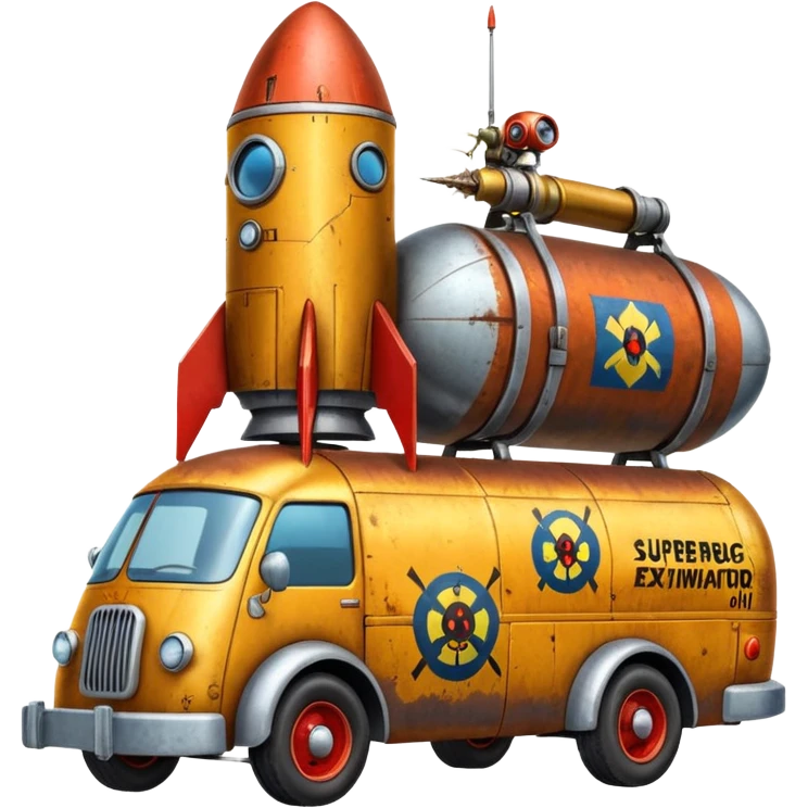 Heroic SuperBug Ron’s exterminator superminator antique rocket powered tall robot moving van (motto: Bombing creepy bugs is fun) emoji