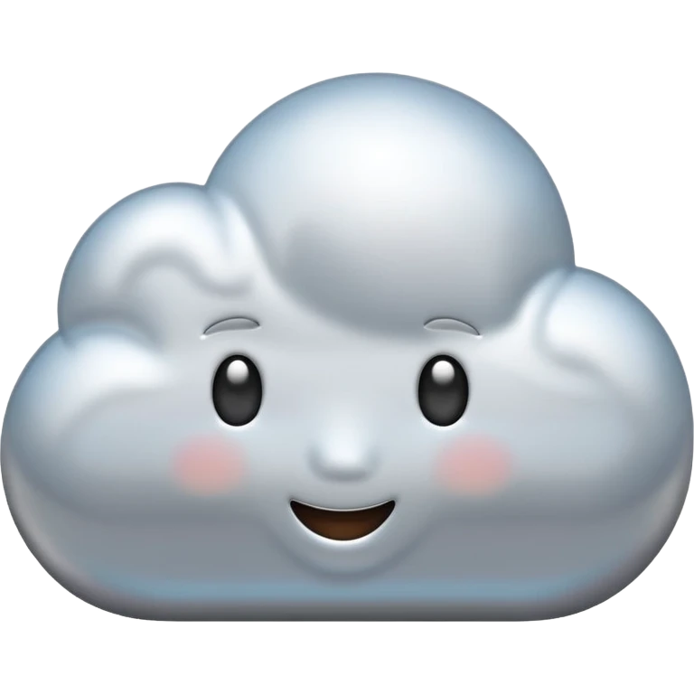 A cute cloud emoji made of silver chrome, smooth rounded shape, glossy metallic surface, soft reflections, minimal and friendly design, iOS emoji style, centered, clean white background, soft lighting emoji
