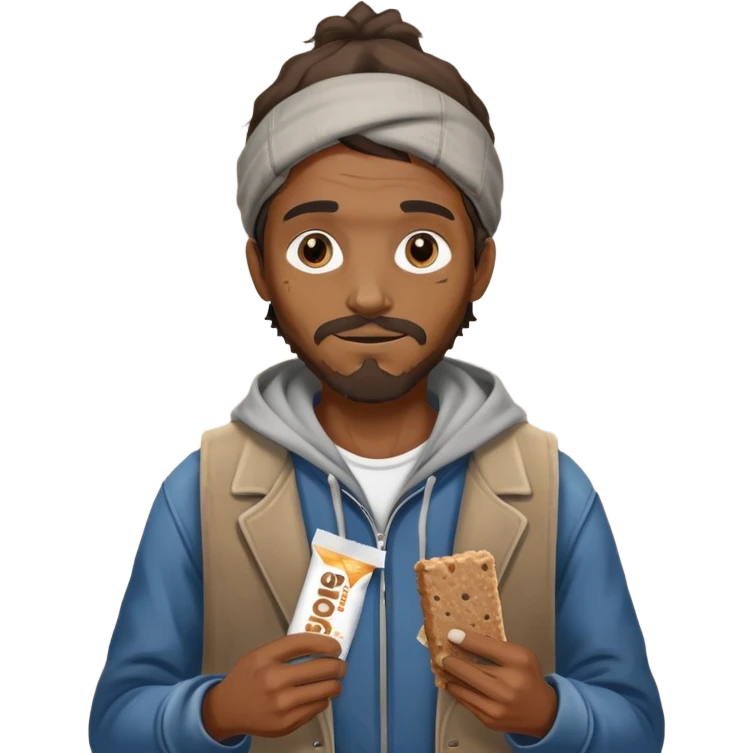 Generate a homeless man asking for money with a protein bar in his hand emoji