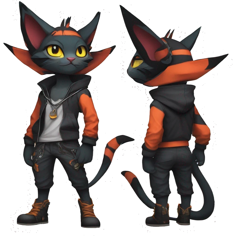 Cool Anthro Noivern-Litten-Sphynx-Pokémon with edgy stripes collar punk techwear cool fiddler-hat Full Body emoji