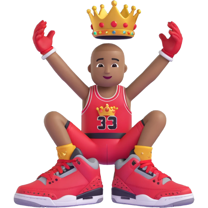 Change the sneaker character to a red Jordan Retro 3 sneaker instead of green, keeping the 3D emoji style, crown, wristband, arms, legs, and pose exactly the same. emoji