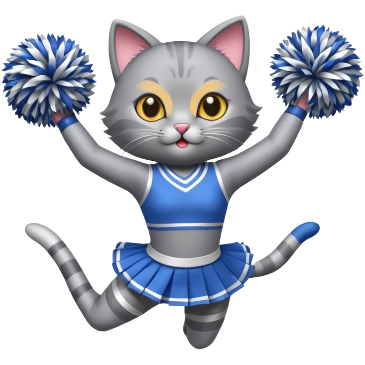 A sleek grey cat cheerleader twirling pom-poms with confident energy. emoji