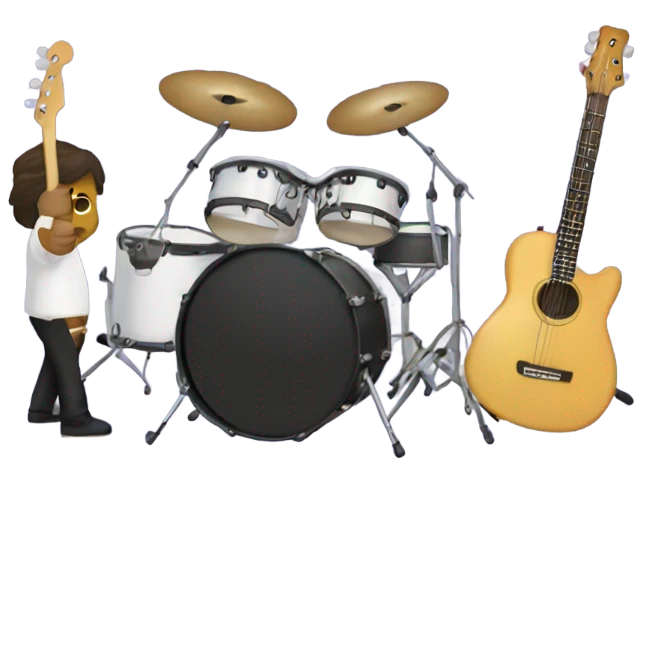 three person band: bass, guitar, and drum. white drummer emoji