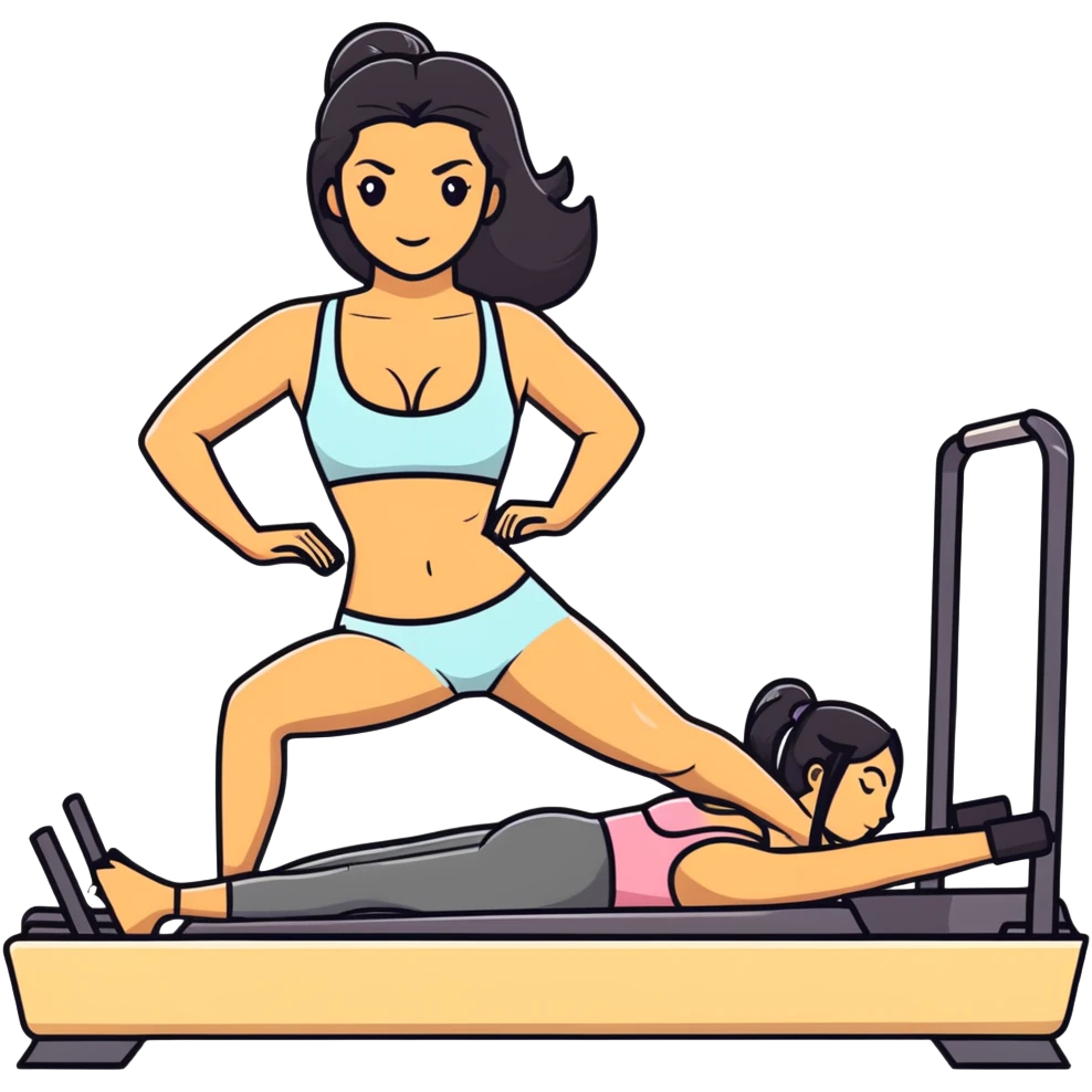 woman with bra, tanned long black hair, doing Pilates reformer emoji
