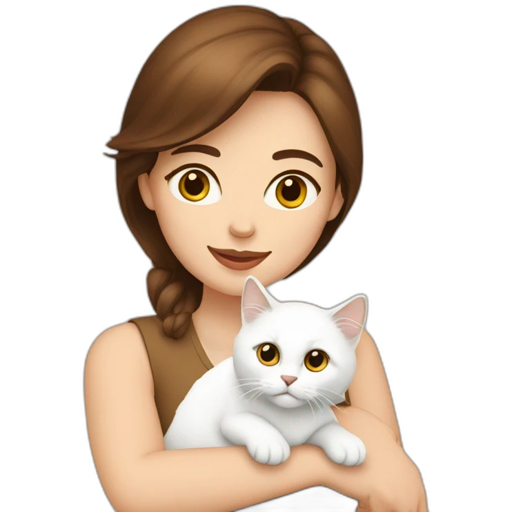 woman with brown hair holding a white Siberian cat emoji
