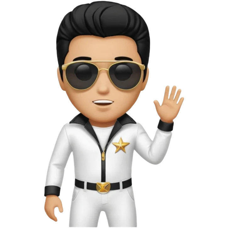 A boy with an Elvis Presley mask with sunglasses (with total black lenses)dressed as Elvis Presley (white dress) emoji