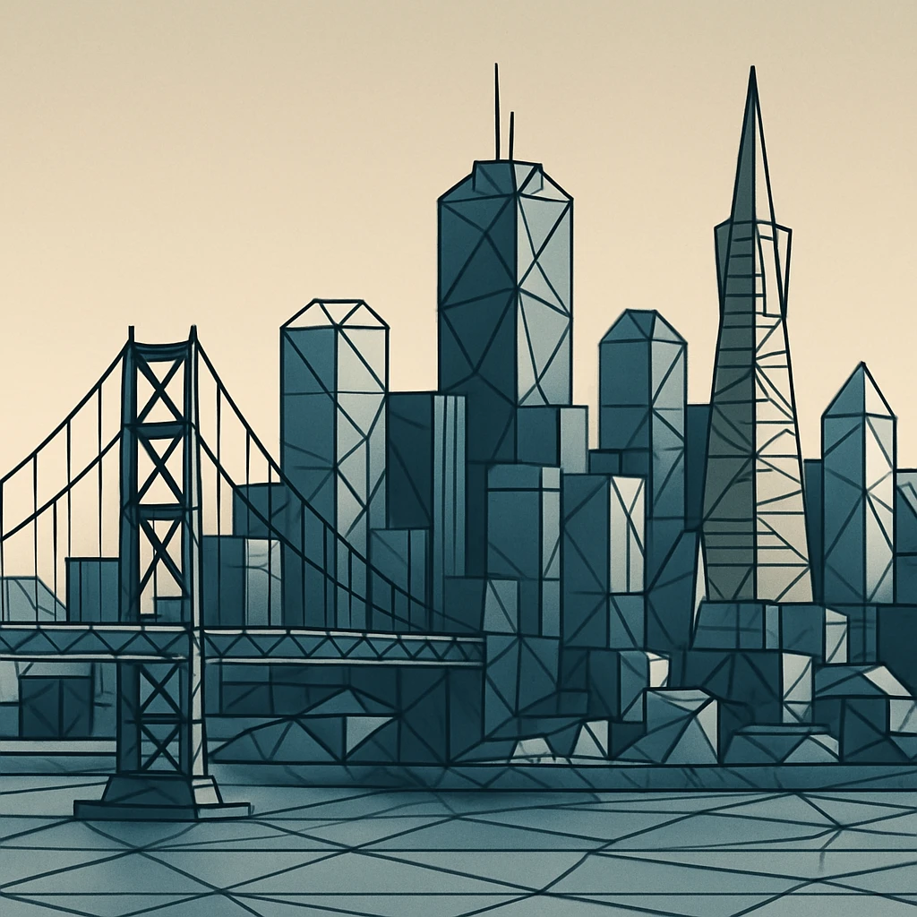 {
  "style_description": {
    "name": "Low Poly Wireframe",
    "overall_look": "Geometric abstraction with visible polygonal mesh edges and a minimal, digital aesthetic",
    "geometry": {
      "shape_type": "triangles and quadrilaterals forming faceted surfaces",
      "structure": "low-resolution polygon meshes with flat faces",
      "edge_visibility": "clear, sharp wireframe outlines around each polygon",
      "dimensionality": "3D-like forms created through flat shading and edge contours"
    },
    "linework": {
      "type": "thin or semi-bold outlines tracing all edges of the mesh",
      "style": "uniform or slightly stylized (e.g., dotted or glowing lines)",
      "color": "typically black, dark gray, or color-matched for contrast"
    },
    "color": {
      "application": "solid flat colors per polygon, without gradients",
      "palette_type": "limited, often monochromatic or with tonal variation per face",
      "highlighting": "minimal shading to emphasize surface depth without realism"
    },
    "lighting": {
      "approach": "ambient or directional lighting used sparingly to add dimension",
      "avoid": ["soft shadows", "complex reflections", "photorealism"]
    },
    "background": {
      "style": "plain or gradient backdrop to contrast mesh clarity",
      "consistency": "flat and neutral to preserve focus on wireframe structure"
    },
    "render_constraints": {
      "avoid": ["smooth surfaces", "rounded curves", "realistic textures"],
      "focus_on": ["polygon edges", "angular forms", "mesh clarity"]
    },
    "subject_treatment": {
      "representation": "simplified, stylized forms with clear geometry",
      "emphasis": "structure, volume through form and edge"
    }
  }
}

{subject} = san francisco emoji
