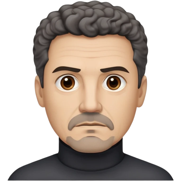 Man in his 50s with light brown complexion. Strong square jaw. Stern dark eyes with intense gaze. Thick eyebrows in a focused expression. Black goatee with gray streaks. Short curly dark hair with receding hairline. No smile, authoritative look. Wearing a black turtleneck. emoji