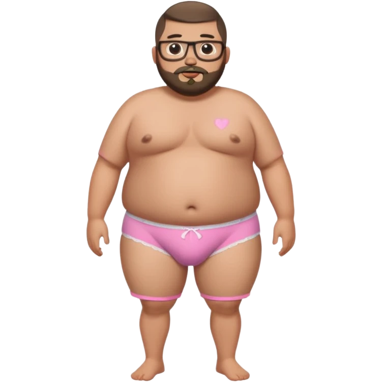 A full body standing, morbidly obese, fat, shirtless mexican guy in his pink and white heart underwear with a buzzcut, a beard, and glasses emoji