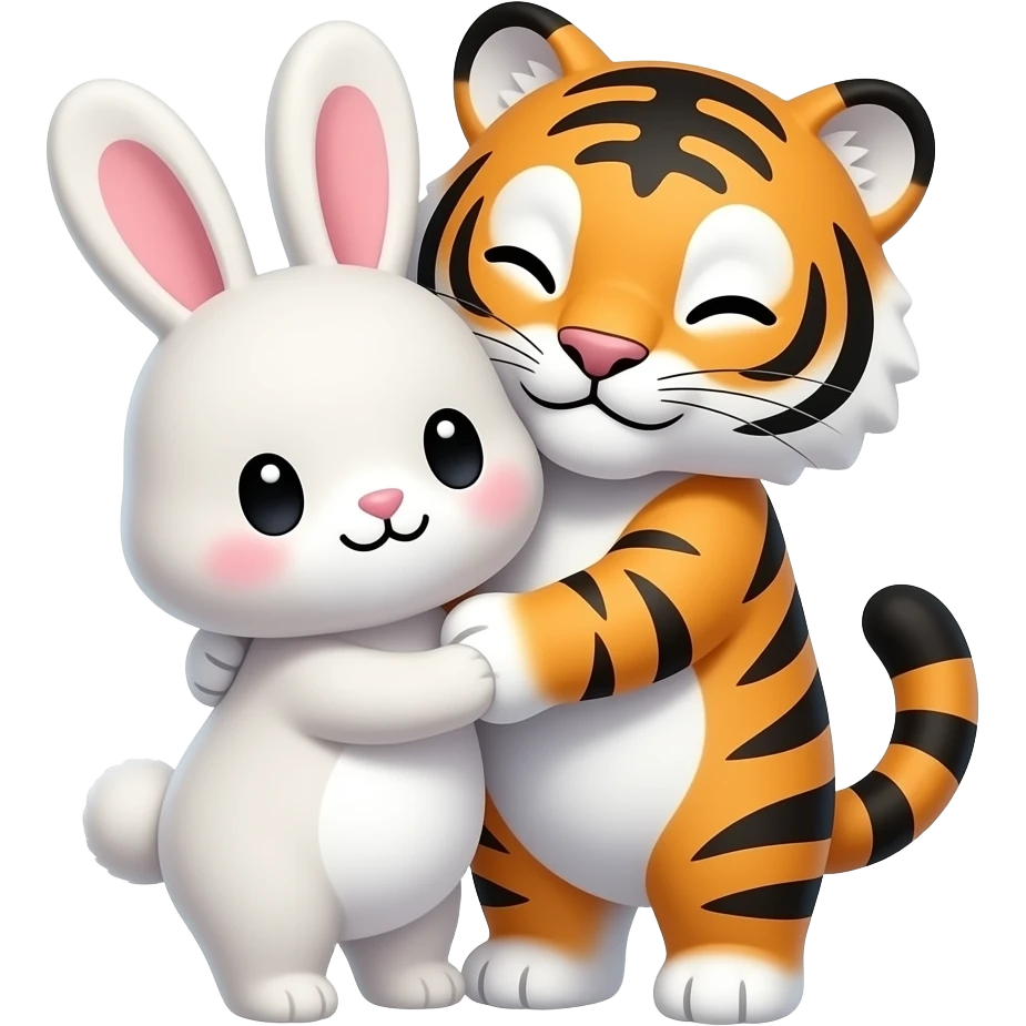 kawaii bunny and tiger cuddling emoji