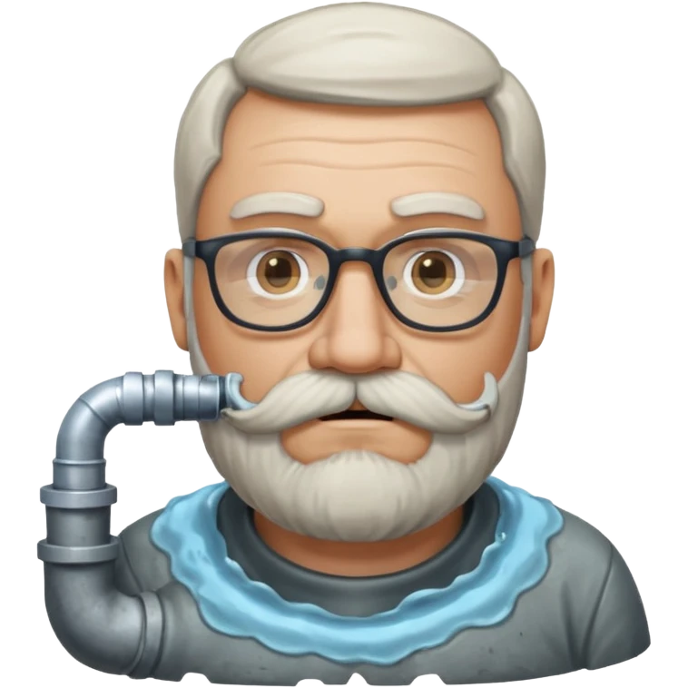 50 year old bearded and moustached white male wearing glasses. His mouth has been cast into a frame made of concrete and out of his mouth is flowing sewer water connected to a drain pipe. He is proud and thinks his right, while being slightly angry because the joke is on him. emoji