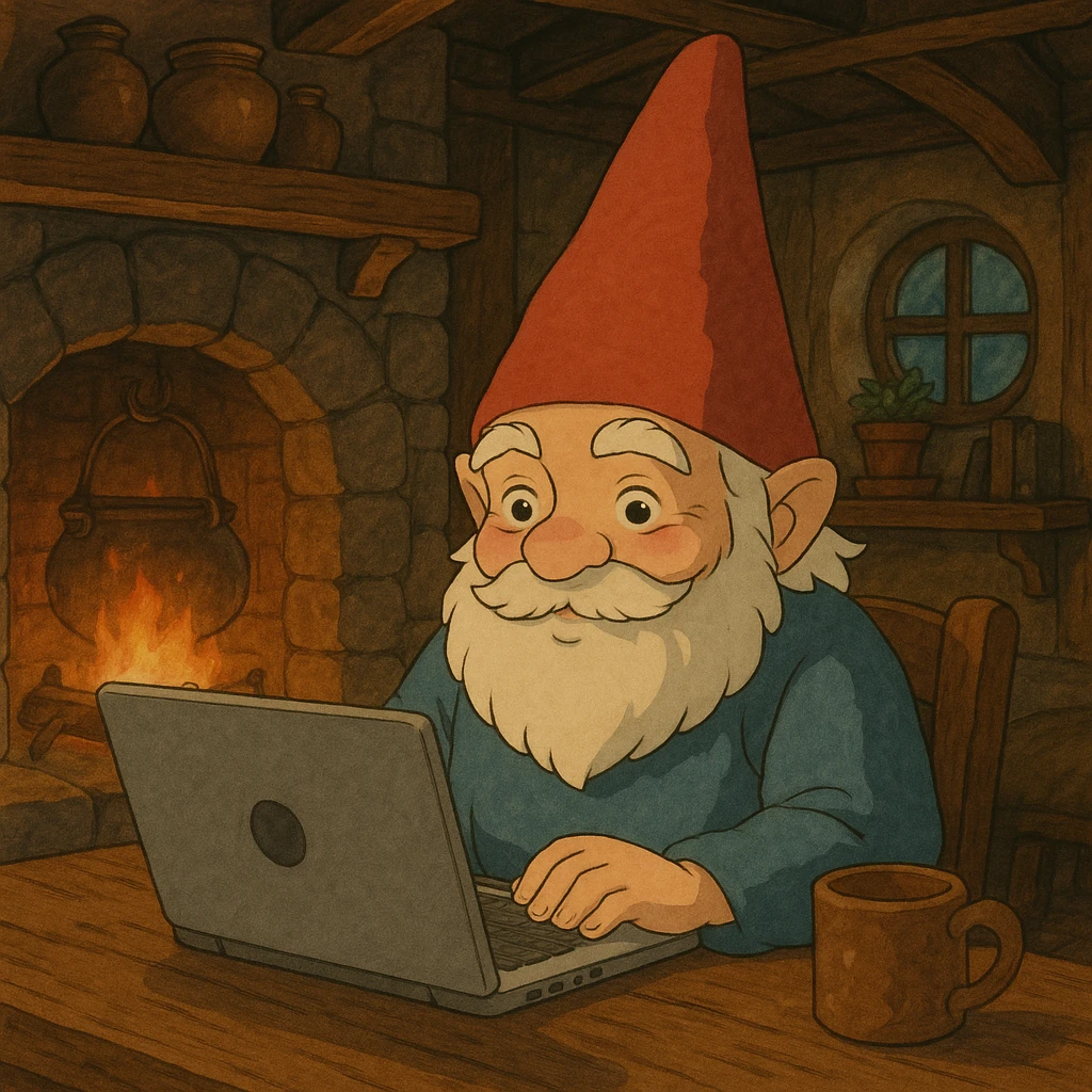 a gnome at a laptop, with a cozy, fantasy-inspired setting emoji