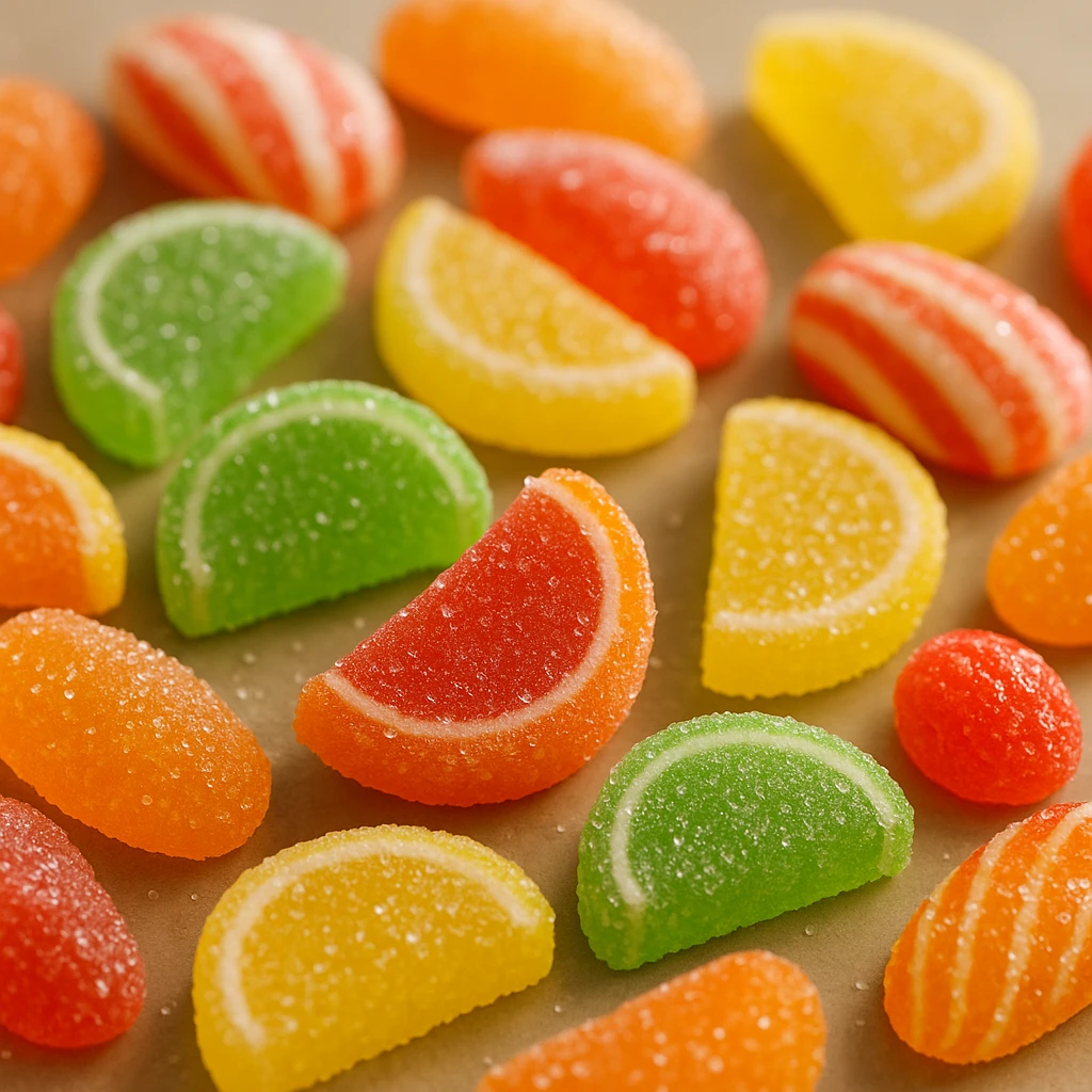 realistic photo of colorful gummy Italian candies scattered on a table emoji