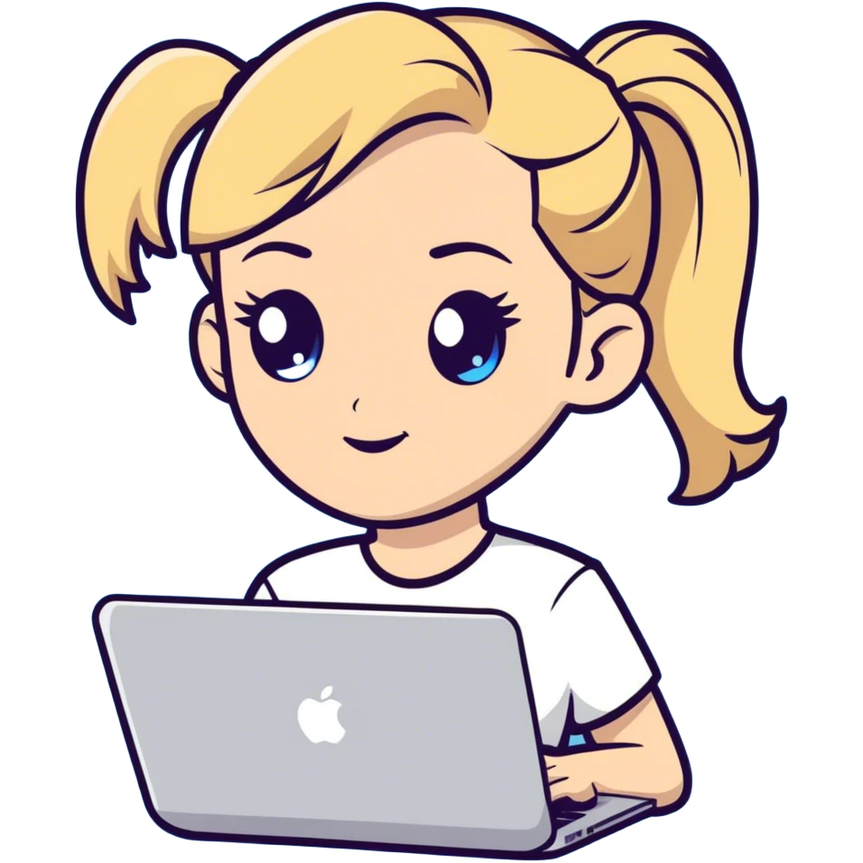 Blonde woman ponytail blue eyes with MacBook emoji
