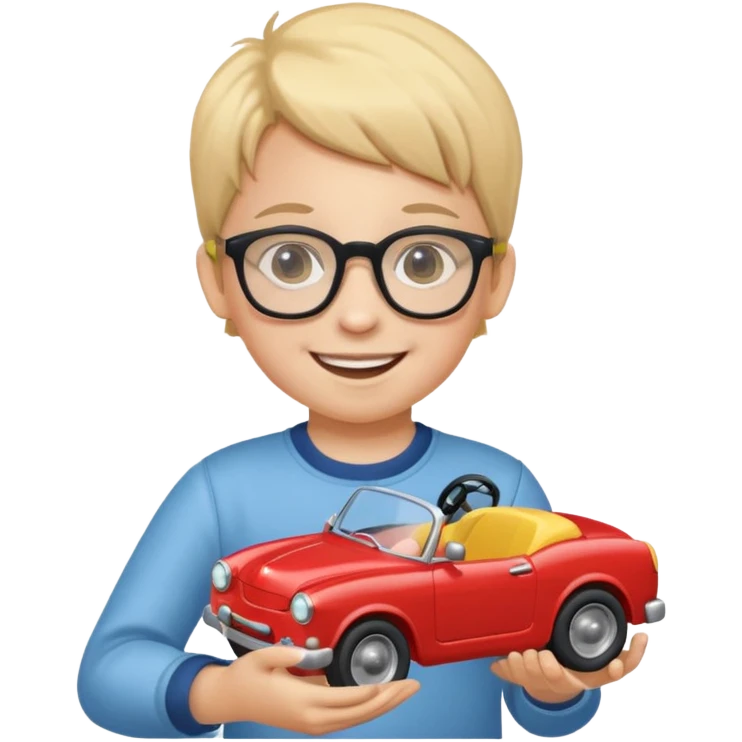 The child with glasses → is holding a toy car emoji