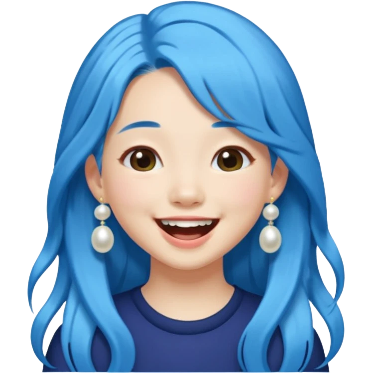 laughing Asian girl, long blue hair, pearl hair clip, nature lover emoji