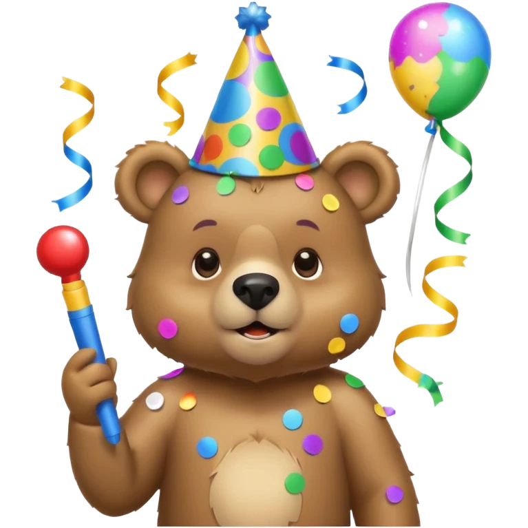 Partying bear cub with confetti and party blower emoji