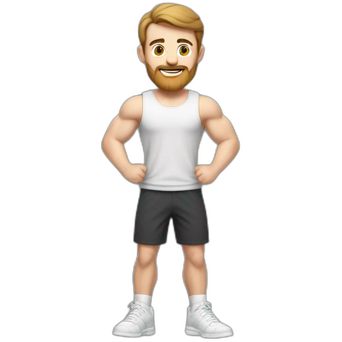 Full height Actively gesturing with hands Pale skinned Fit Man With the biceps and brown hair in dark gray Sleeveless Mike, black oversize sports shorts and white Sneakers emoji