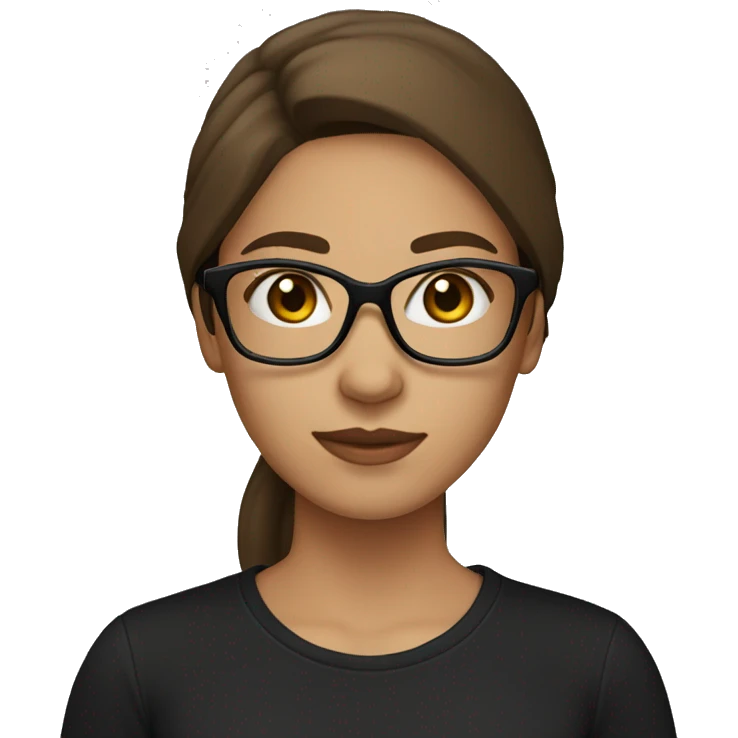 long brown hair girl straight , brown eyes, with glasses, light skin in black t shirt emoji