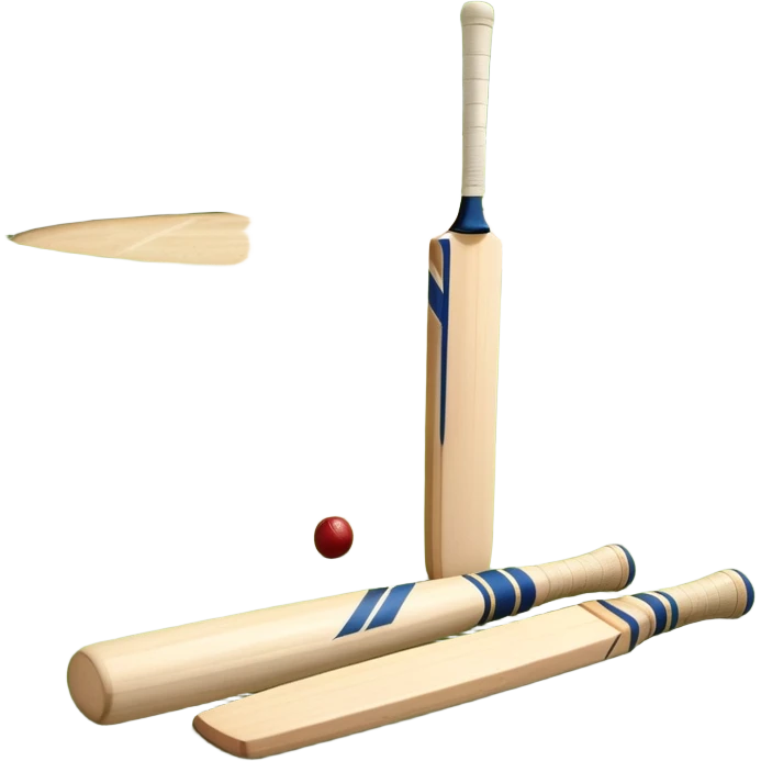 A cricket bat and ball resting on a well-manicured pitch, with the stumps and bails in the background. The scene emphasizes the traditional elements of the game, with the bat poised for a shot and the field reflecting a calm, competitive atmosphere. emoji
