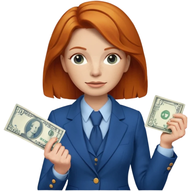 ginger hair Woman wearing blue suit holding dolar emoji