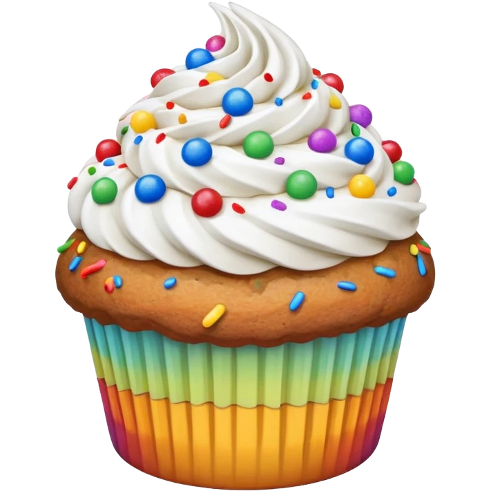 muffin topped with a swirl of whipped cream frosting and rainbow sprinkles emoji