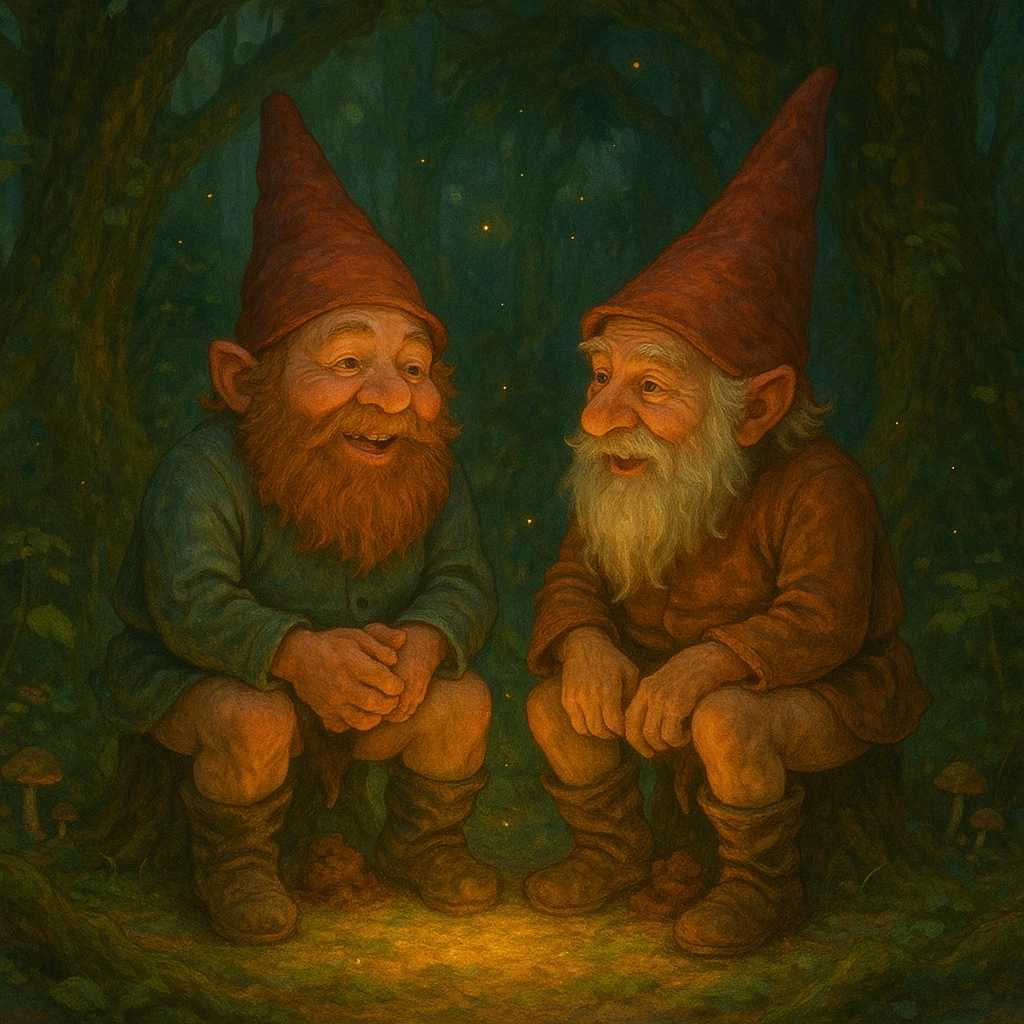 magical realism style, two gnomes sitting next to each other in a forest, talking while making a dump, whimsical, glowing light, detailed, ghibli style emoji