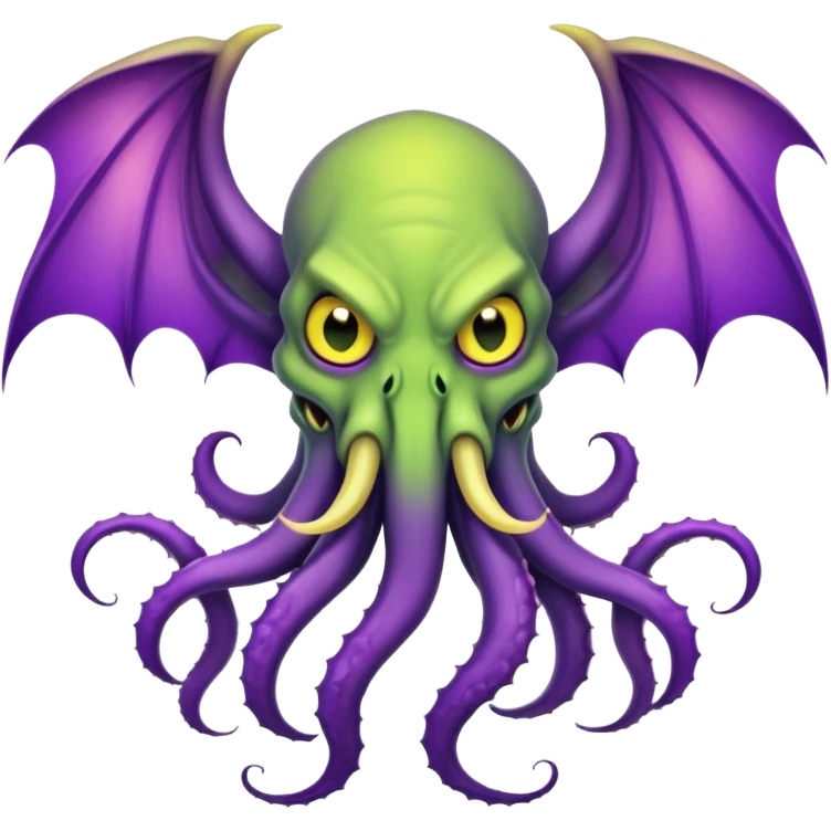 light green Cthulhu with purple bat wings and purple gradient tentacles. Yellow angry eyes. yellow suckers on tentacles. dramaticshading emoji