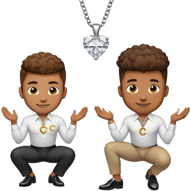 Generate me a muscular man emoji down on one knee with a right angle proposing with a diamond ring with brown heart eyes and a smile. I want the emoji to have brown fluffy hair with a low taper fade I want him to have a small silver chain with a small letter c pendant and a white button down shirt with black slacks and black loafers make him look like a normal emoji with a circle head that’s the color yellow and cartoon like Also on a plain white background emoji