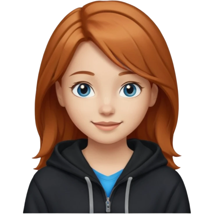 мила дівчинка зі світлим русим волоссям до грудей з голубими очами в чорному худі посміхається emoji