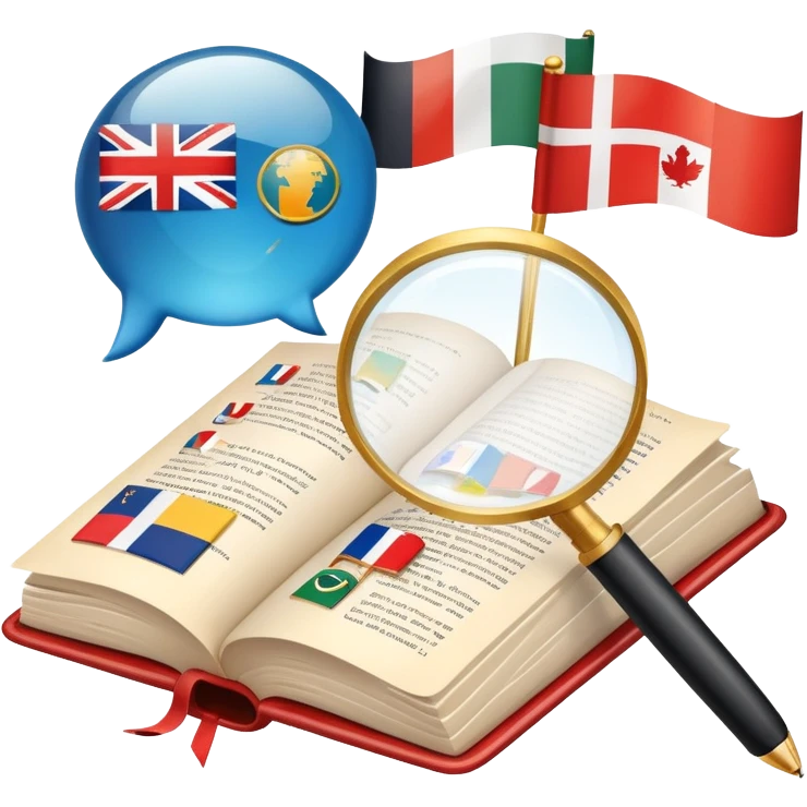 An icon featuring an open book, a pen, and speech bubbles, symbolizing philology and linguistics. The design includes alphabet letters, a magnifying glass, and flags of different countries, representing global languages and communication. Transparent background highlights language study. emoji