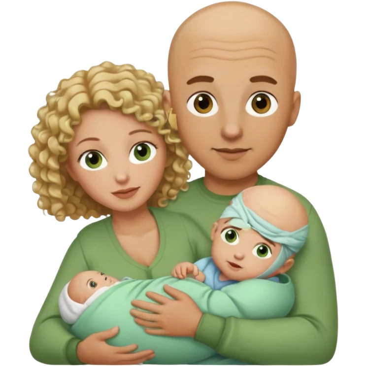 Un hombre calvo de ojos marrones con su mujer rubia de pelo rizado y ojos verdes sosteniendo un bebé niño de pelo rizado moreno y de ojos marrón verdoso emoji