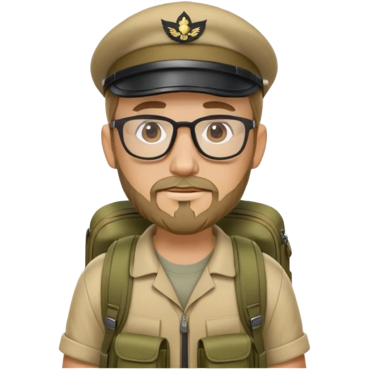 adventurer with goatee beard (no beard on cheeks), short hair, glasses, backwards military tan cap and backpack emoji