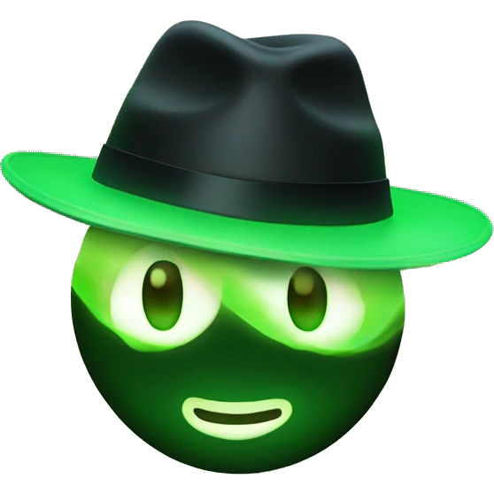 😳 with a green glowing face, wearing a black fedora hat emoji