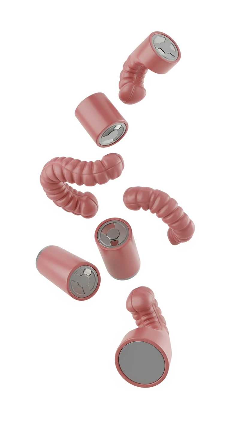 6 BATTERI INTESTINALI BORDEAUX FLUTTUANO IN ARIA, IPERREALISTICO 4K, ISOLATI SU SFONDO BIANCO emoji