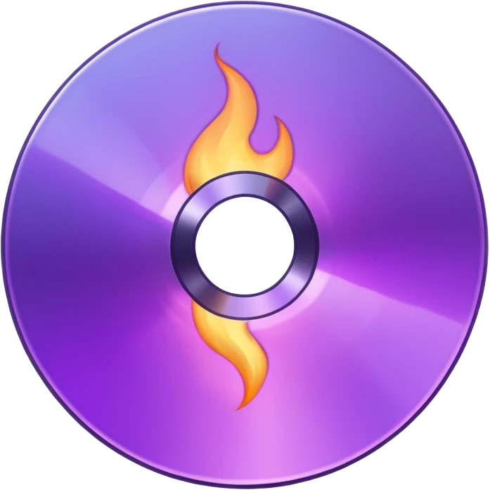 A minimalist CD disc with a subtle fire design, purple fire. emoji