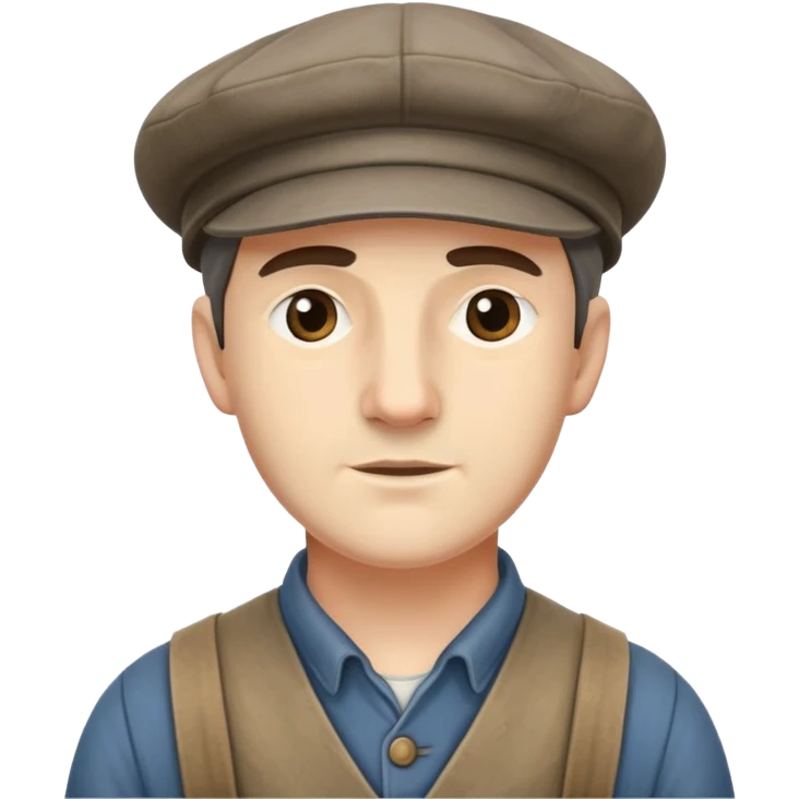 Highly detailed 19th century English factory worker with weathered face, detailed period-accurate clothing, flat cap, and realistic facial features emoji