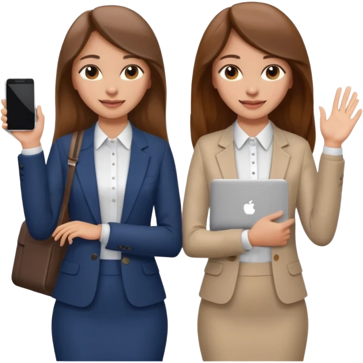 

two brown haired girls, looking professional maybe leaned on each others back and looking forward and waving with long hair and one girl can hold lap top another one can hold the phone, professional clothes, more stylish

 emoji
