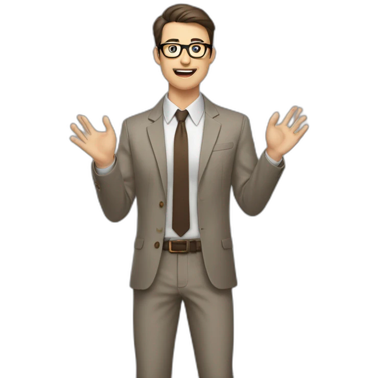 To belt Actively gesturing with hands Pale skinned fit man with dark brown hair in gray jacket, beige office shirt, brown tie, brown pants and vintage glasses. emoji