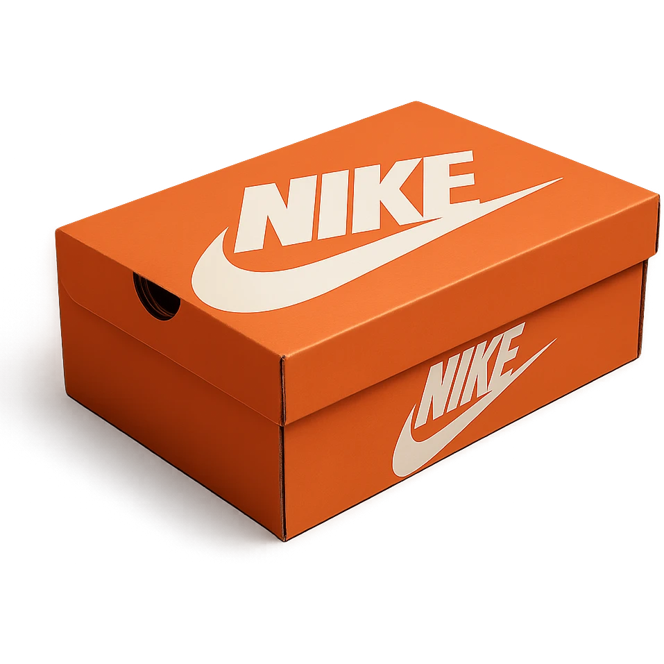 realistic Nike shoe box, iconic orange color, simple branding, realistic proportions, isolated on transparent background emoji