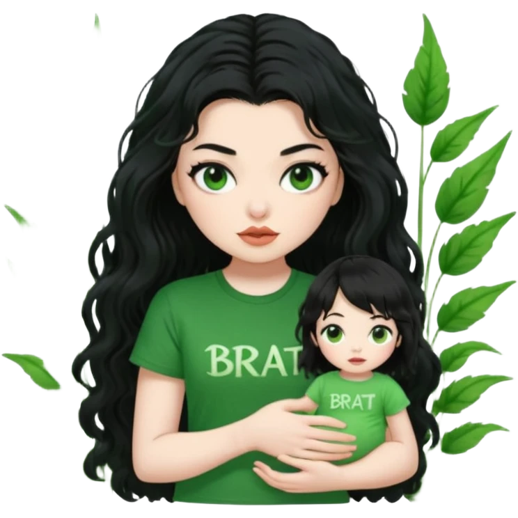 current charli xcx with here long black wavy hair, thich black sungrasses, pale skin, and a green baby tee that said brat in the brat font. emoji