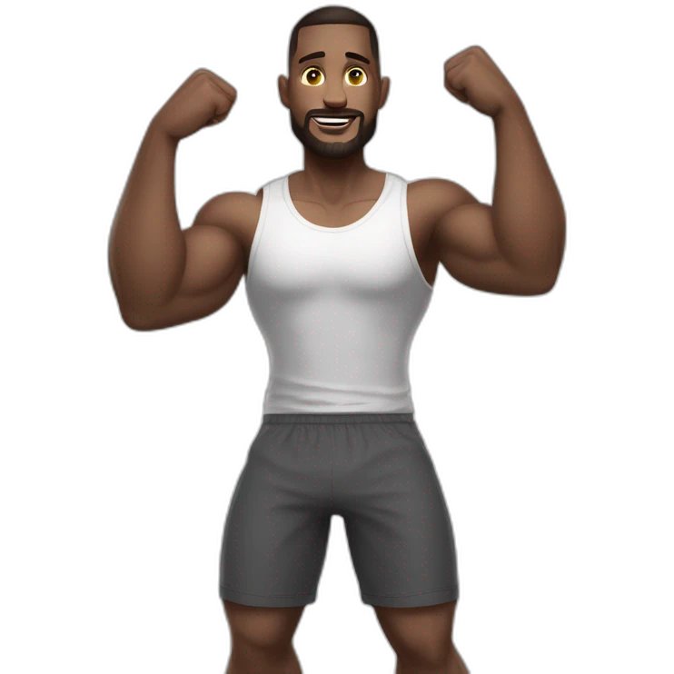 Full height realistic Actively gesturing with hands Pale skinned Fit Man With the biceps and brown hair in dark gray Sleeveless Mike, black oversize sports shorts, watch and white Sneakers emoji