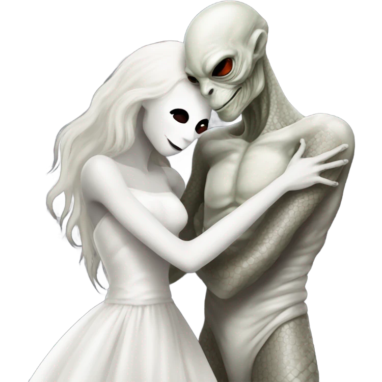 Alien reptilian woman in white dress hugs and kissing "white male human man" emoji
