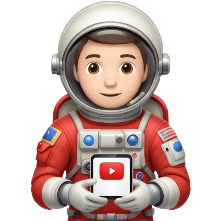 Man astronaut holding youtube logo in hands, person dress in red outfit emoji