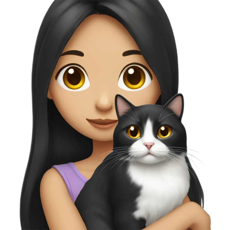 Asian longhair girl holding black and white cat  emoji