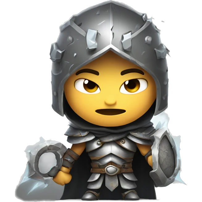 Design a powerful, resilient character breaking through heavy chains and dark fog, wearing cracked armor with a determined expression, surrounded by shattered obstacles, and illuminated by a piercing light. emoji