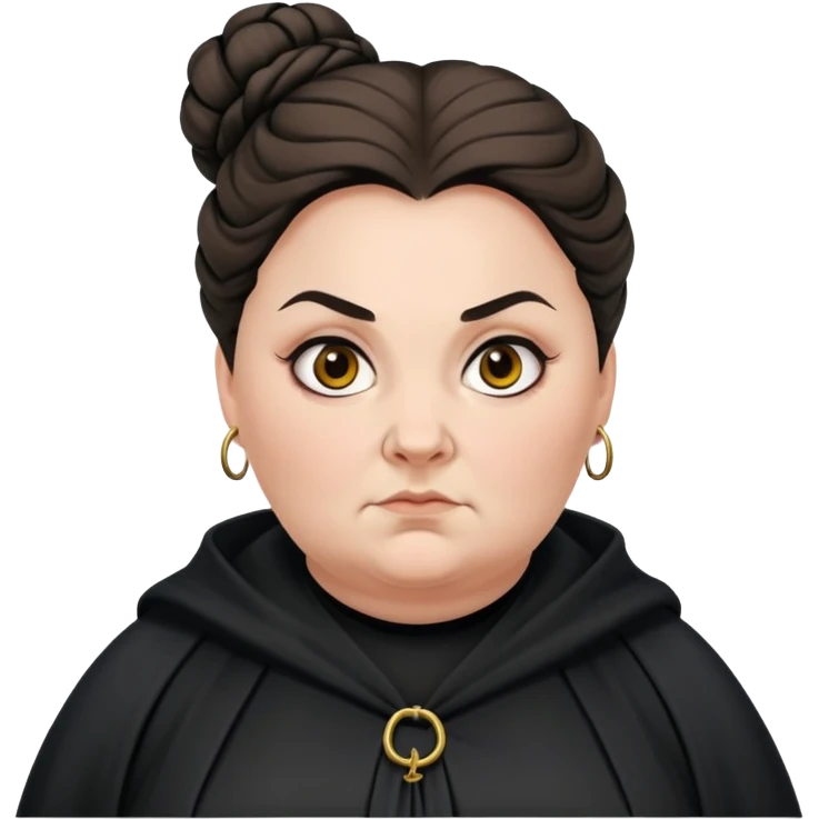 Alecto Carrow in harry potter, a woman fat, knot bun hair, look evil, black cloak emoji